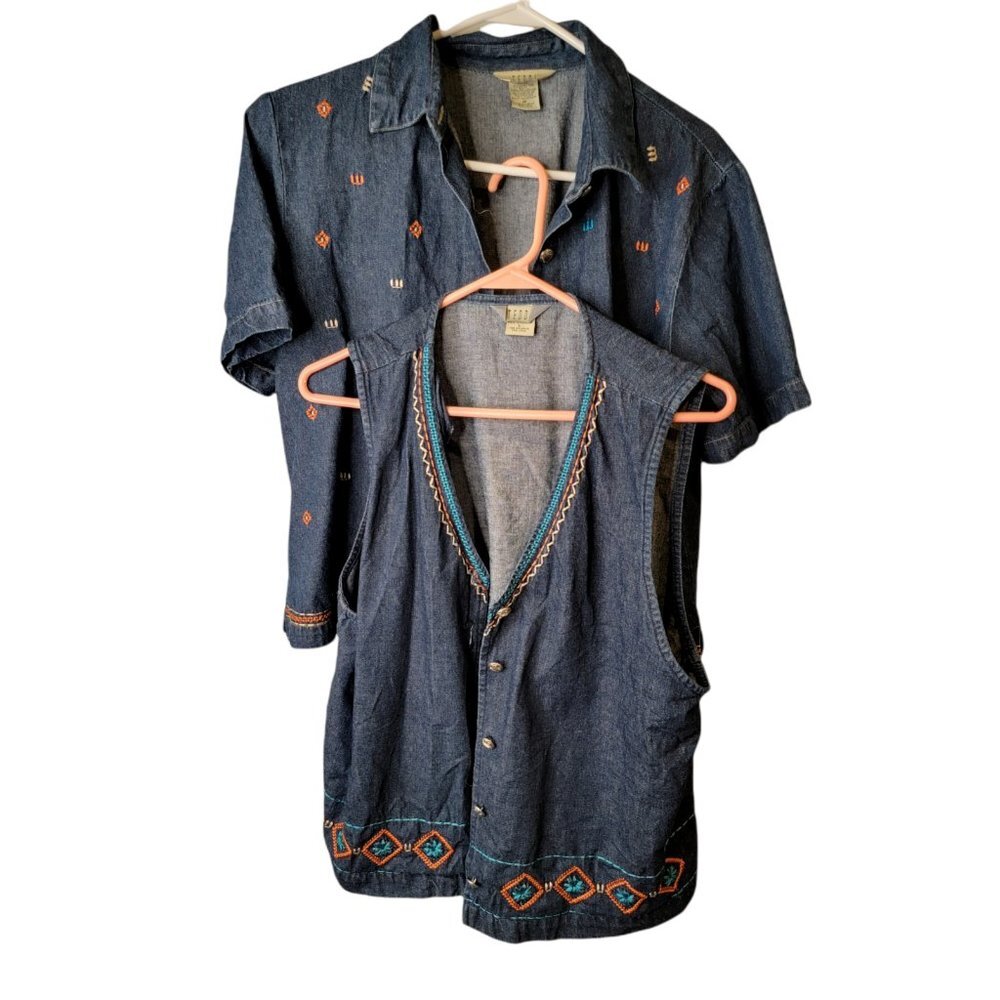 VTG Teddi 90's Y2K Medium Women's Top Denim Embroidered w/Matching Jean Vest